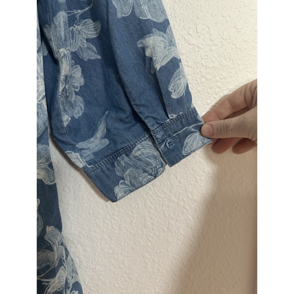 Chicos Top 3 Womens XL Blue Floral Denim Chambray 3/4 Roll Tab Sleeve - Picture 5 of 7